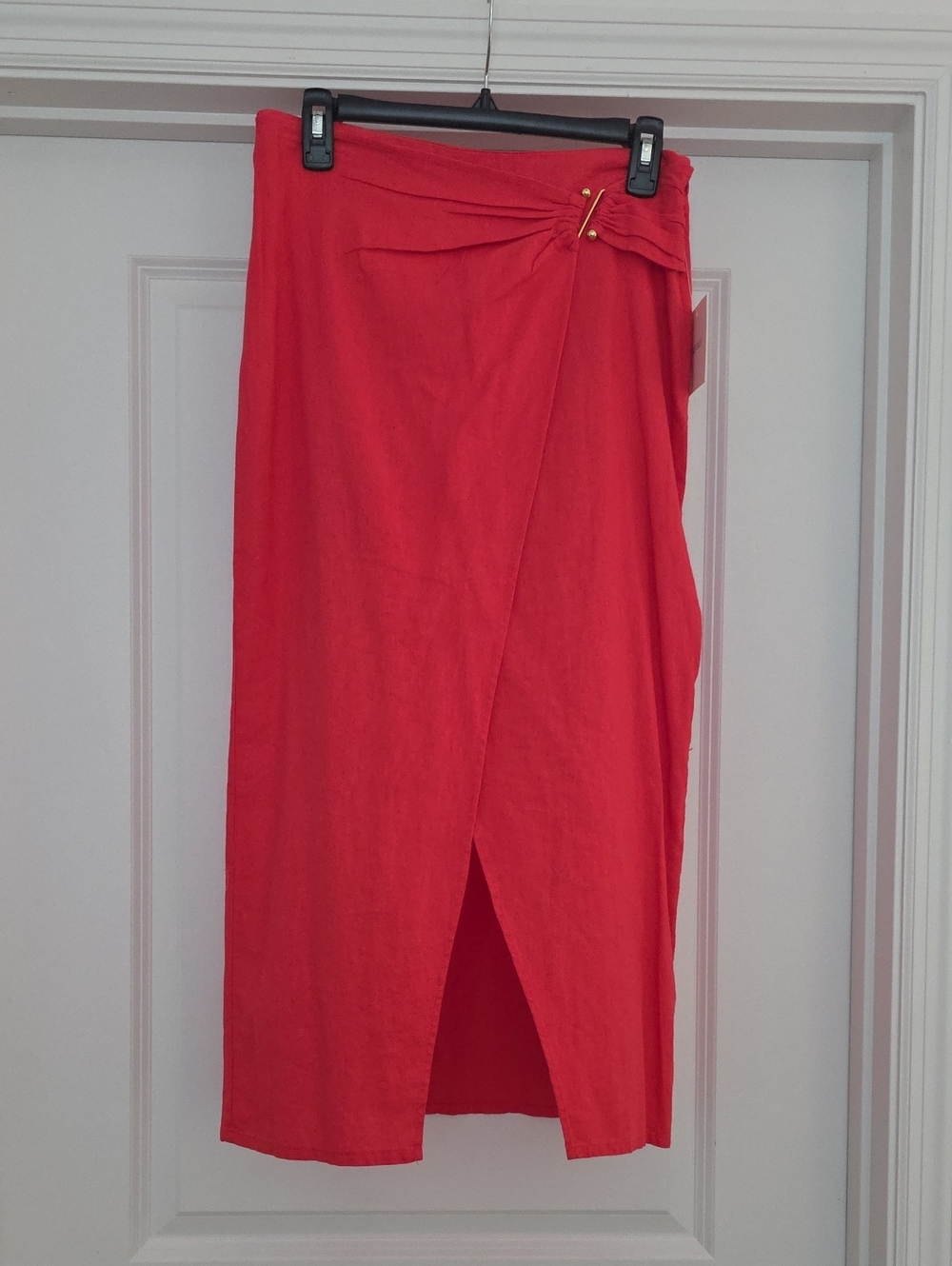 Ellen Tracy Geranium Color Wrap-Style Pencil Skirt with Gold Accent